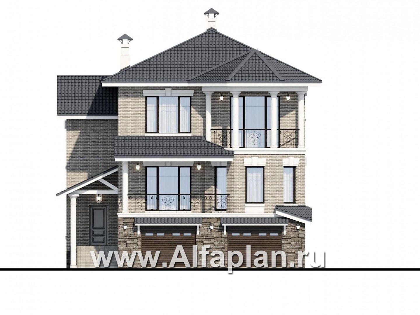 Проекты домов Альфаплан - Трехэтажный классический особняк для узкого участка - изображение фасада №1