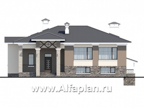Проекты домов Альфаплан - «Суверен» - полутораэтажный коттедж с небольшим цоколем и мансардой - превью фасада №1