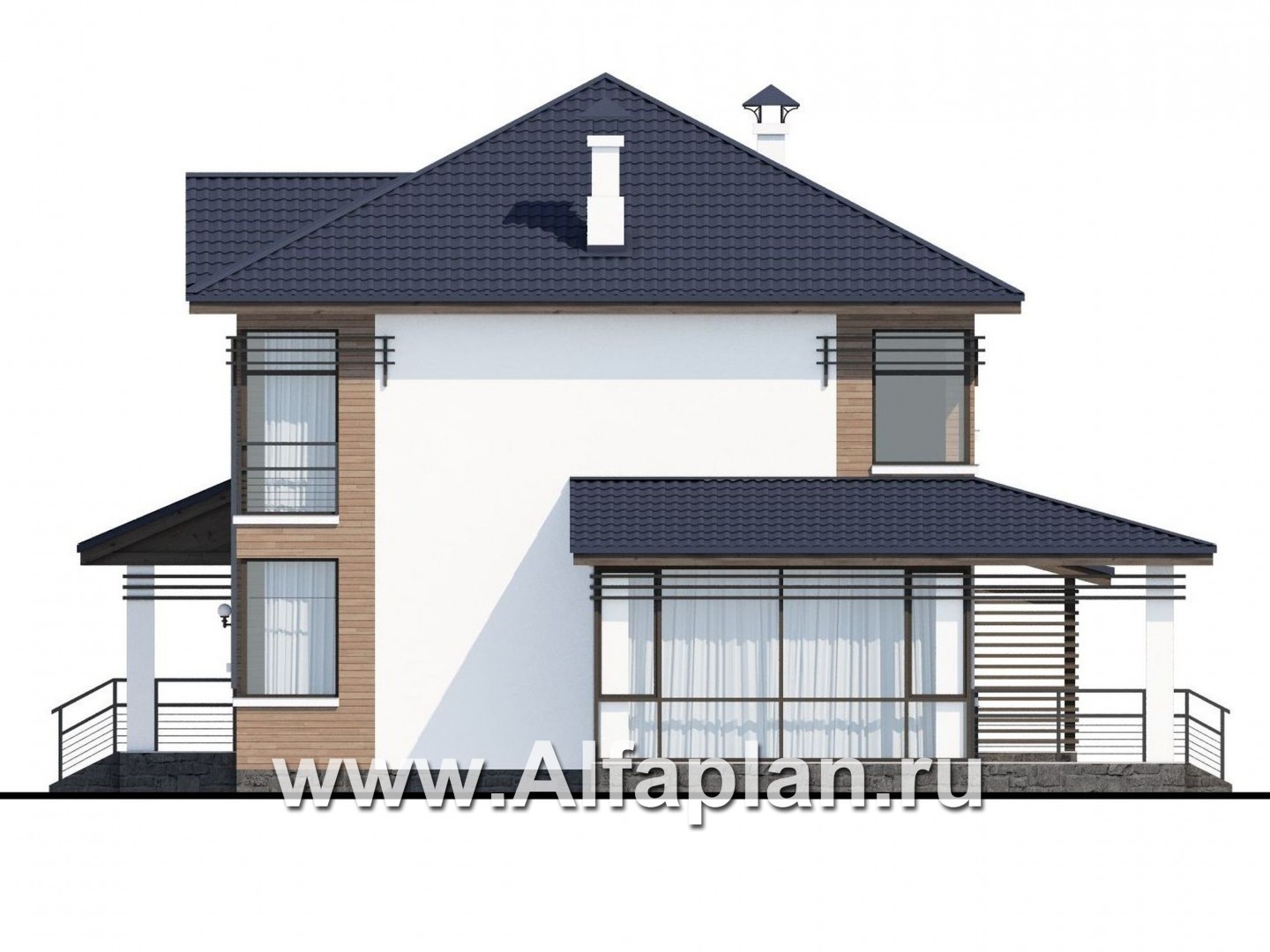 Проекты домов Альфаплан - «Рассвет»- коттедж с большой верандой и  красивыми угловыми окнами - изображение фасада №2