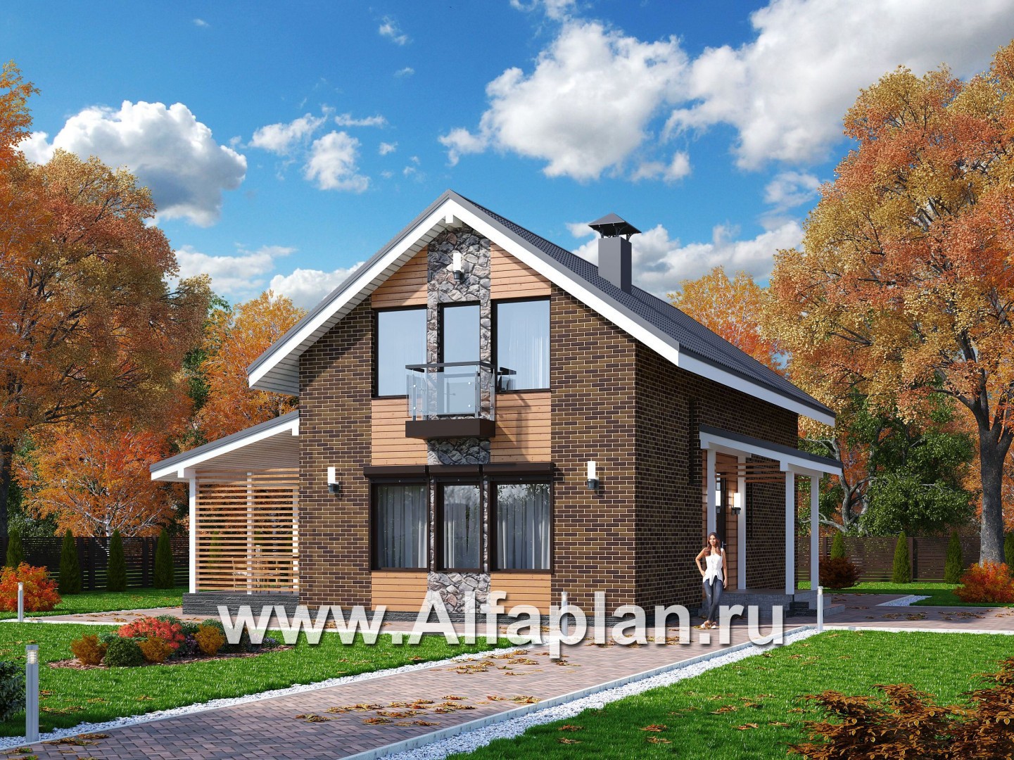 Проекты домов Альфаплан - «Омега» - проект двухэтажного каркасного дома с, с террасой и удобной планировкой - основное изображение