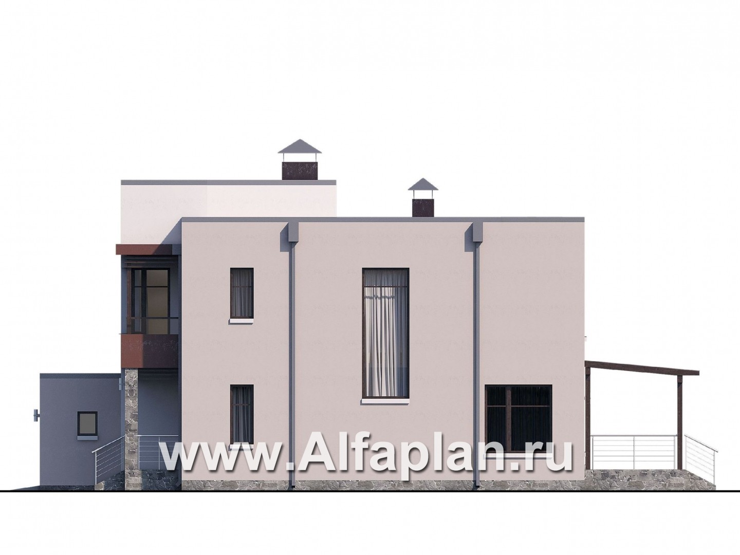 Проекты домов Альфаплан - «Эвр» - коттедж с плоской кровлей, с гаражом на два автомобиля - изображение фасада №2