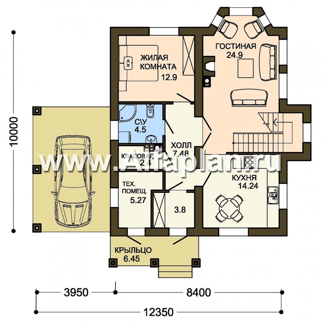 Проекты домов Альфаплан - Компактный дом с навесом для машины - план проекта №1