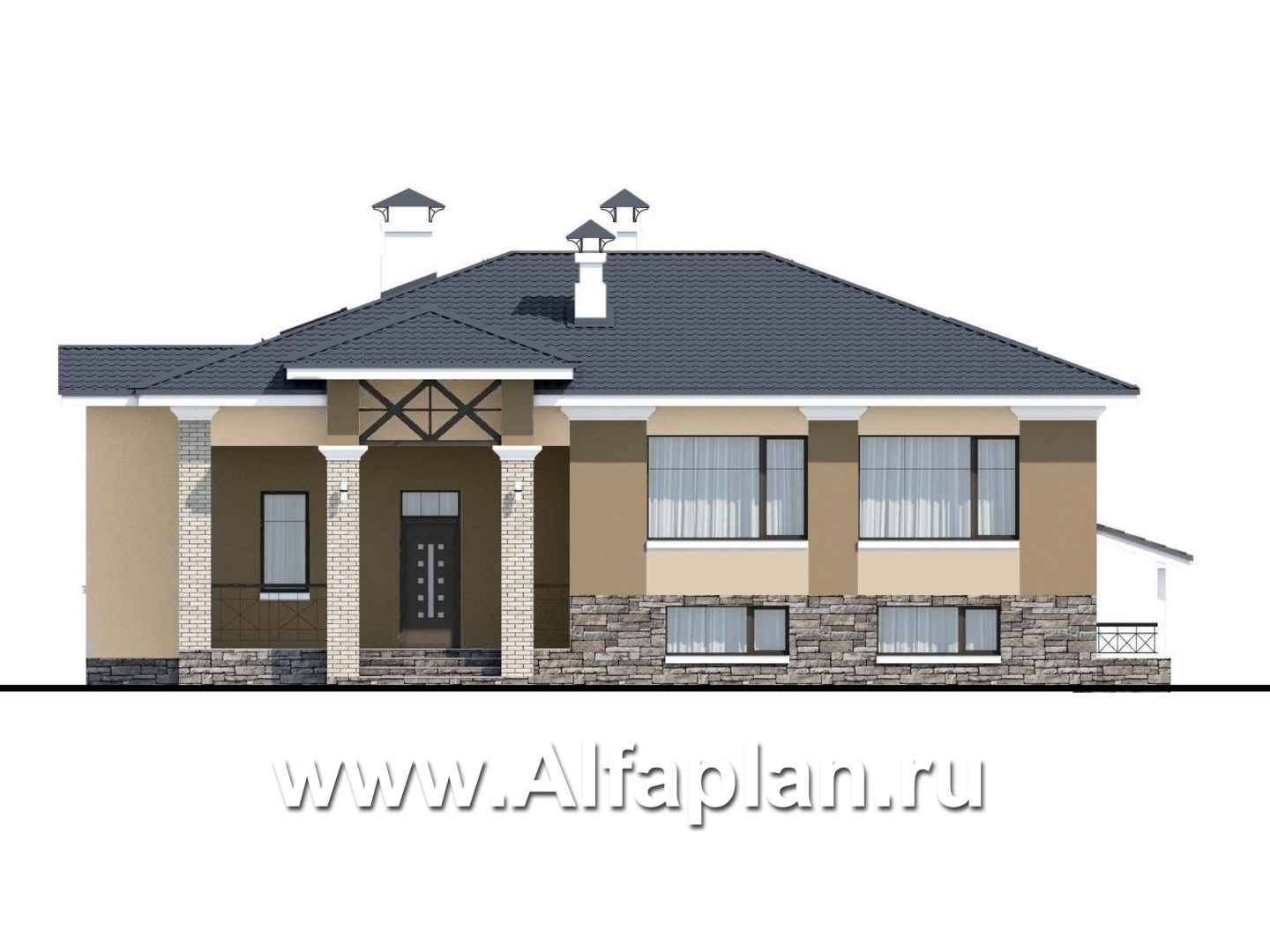 Проекты домов Альфаплан - «Суверен» - полутораэтажный коттедж с небольшим цоколем и мансардой - изображение фасада №1