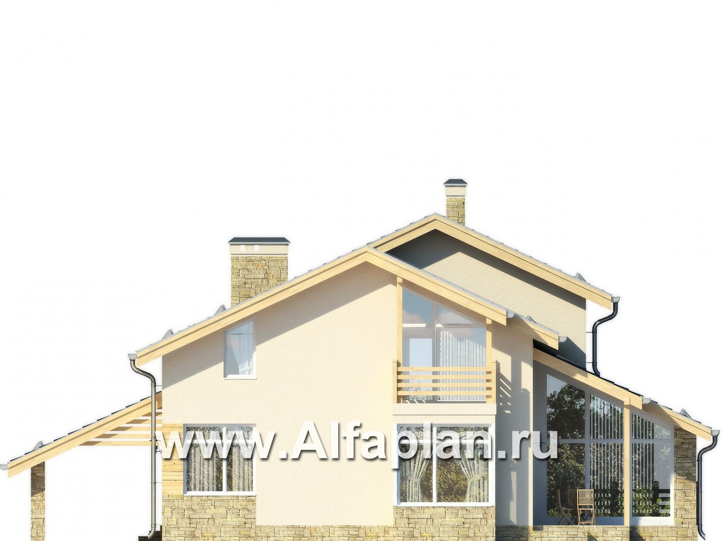 Проекты домов Альфаплан - Современный коттедж с террасами и навесом для авто - изображение фасада №4