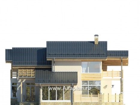 Проекты домов Альфаплан - Современный коттедж с террасами и навесом для авто - превью фасада №3