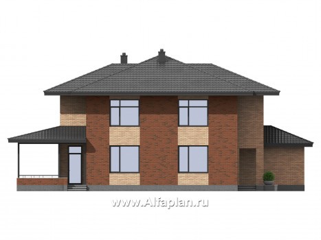Проект двухэтажного коттеджа, планировка с кабинетом и с гаражом, с террасой, в современном стиле - превью фасада дома