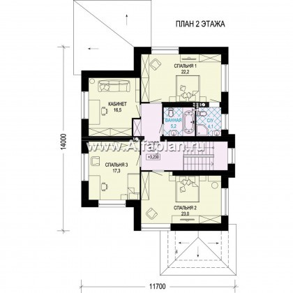 Проект двухэтажного коттеджа, планировка с кабинетом и с гаражом, с террасой, в современном стиле - превью план дома