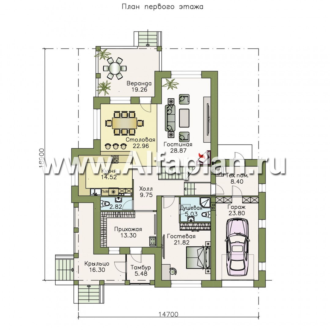 Проекты домов Альфаплан - «Беатрис»- двухэтажный коттедж с гаражом и террасой - план проекта №1