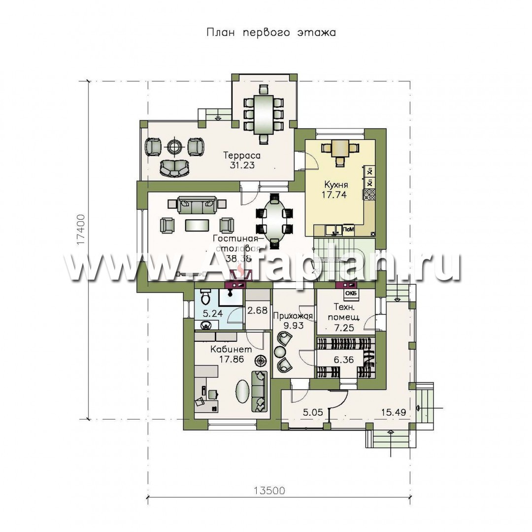 Проекты домов Альфаплан - «Реноме» - коттедж с красивой галереей и большой террасой - изображение плана проекта №1