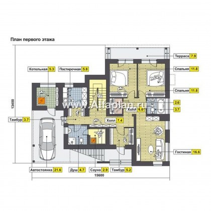 Проекты домов Альфаплан - Коттедж с эффектными фасадами и планировкой - превью плана проекта №1