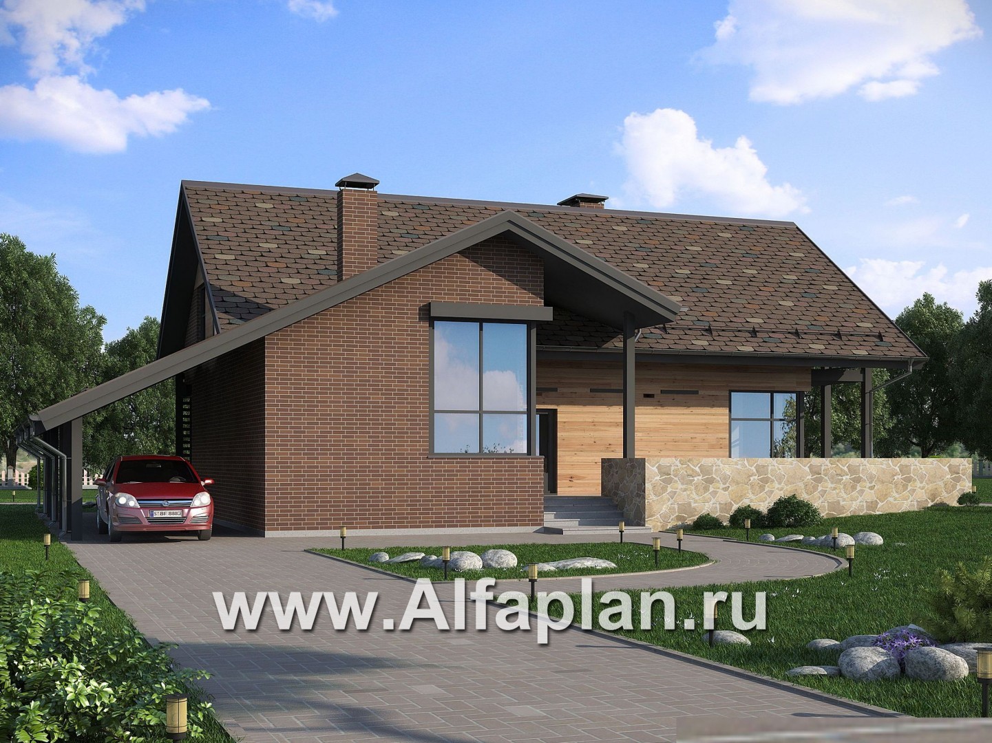 Проекты домов Альфаплан - Проект современного дома с навесом для машины - основное изображение