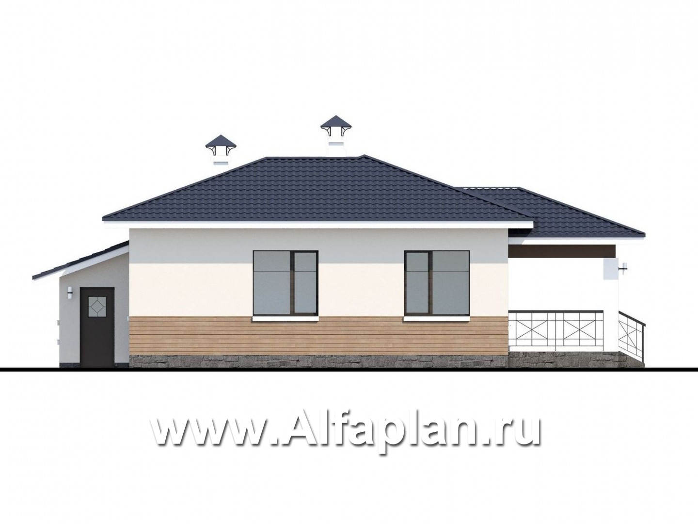 Проекты домов Альфаплан - «Пассия» - одноэтажный коттедж с гаражом и террасой - изображение фасада №4