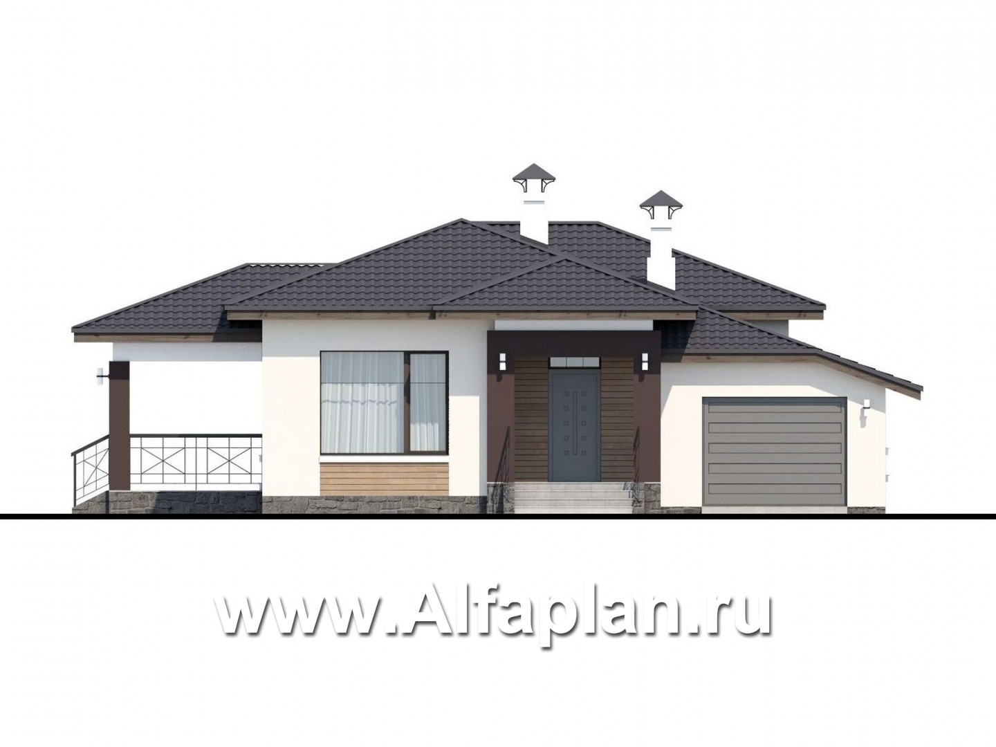 Проекты домов Альфаплан - «Пассия» - одноэтажный коттедж с гаражом и террасой - изображение фасада №1