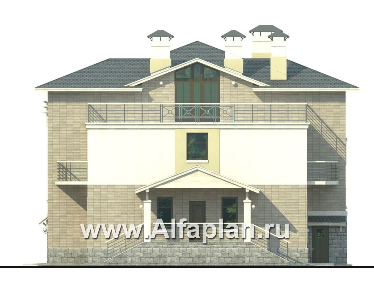 Проекты домов Альфаплан - «Три семерки» - трехэтажный загородный особняк, современный дизайн дома - изображение фасада №2