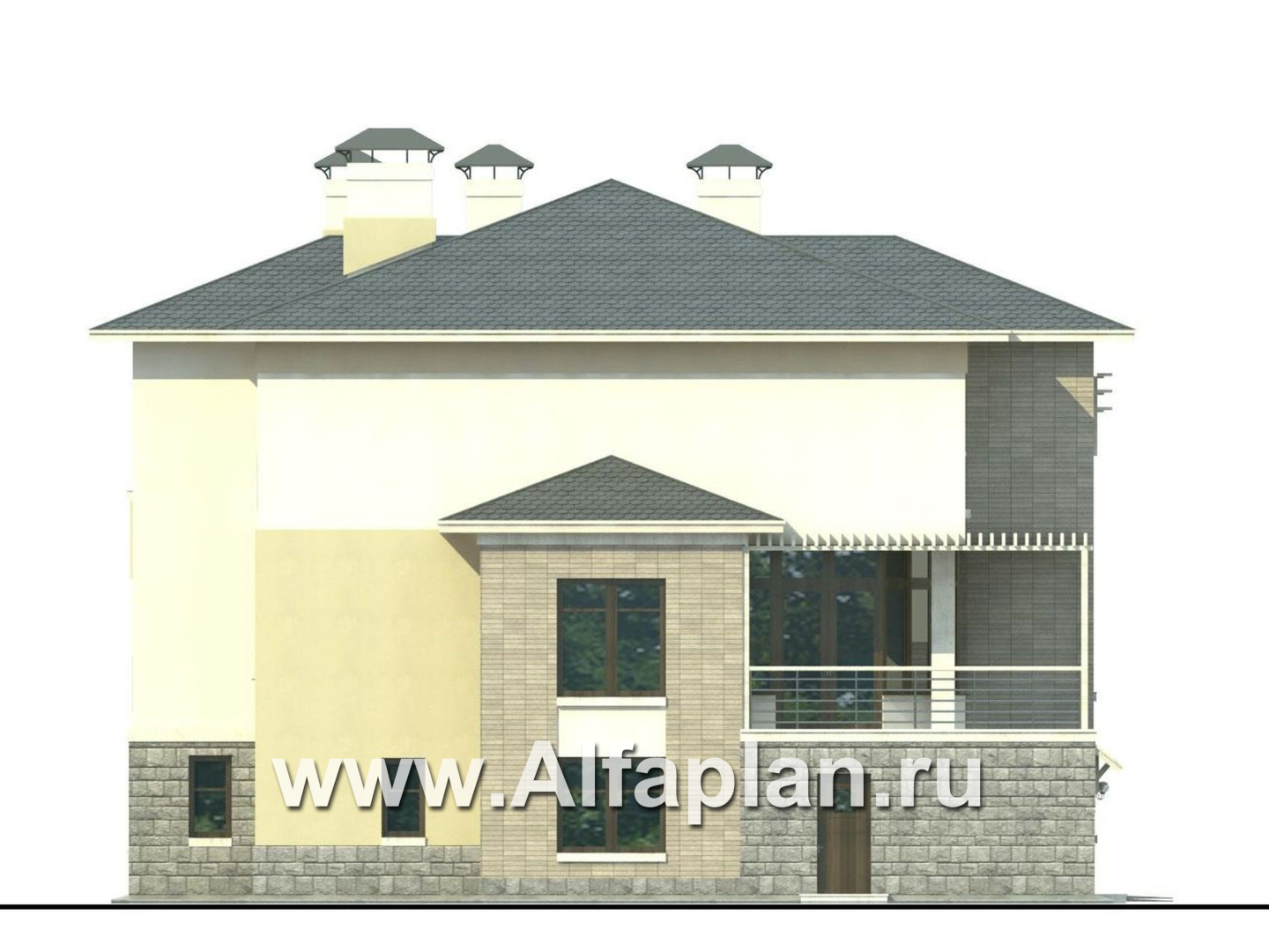 Проекты домов Альфаплан - «Три семерки» - трехэтажный загородный особняк, современный дизайн дома - изображение фасада №3
