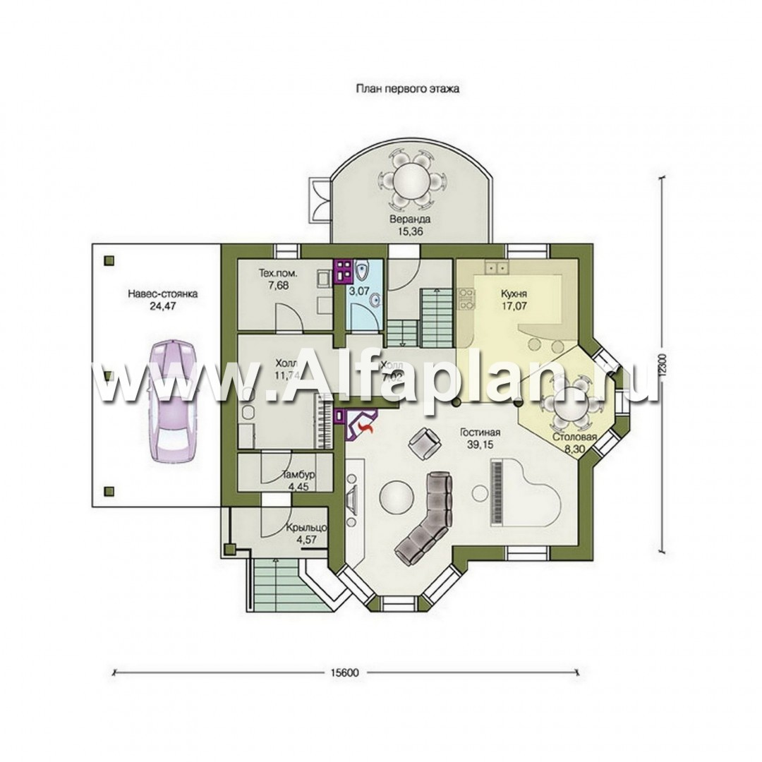Проекты домов Альфаплан - «Фаворит» - коттедж с эркером и навесом для машины - изображение плана проекта №1