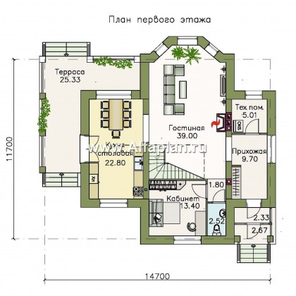 Проекты домов Альфаплан - «Клио» - коттедж из газобетона с угловой террасой - превью плана проекта №1