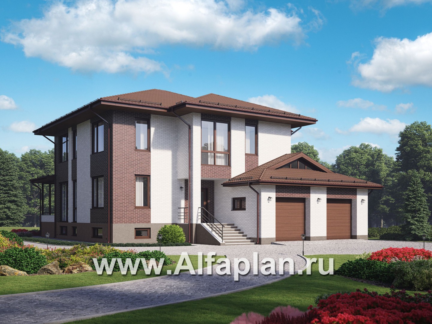 Проекты домов Альфаплан - Двухэтажный коттедж с гаражом на 2 машины - основное изображение