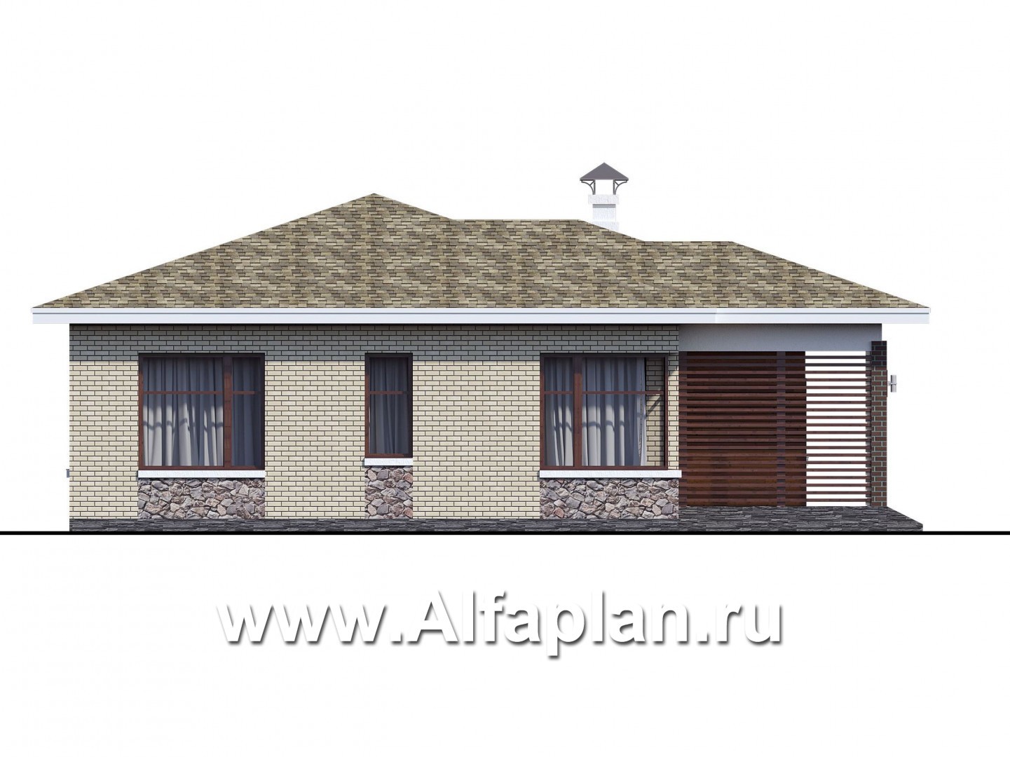 Проекты домов Альфаплан - "Медиана" - проект одноэтажного дома из кирпича, с угловыми окнами - изображение фасада №3