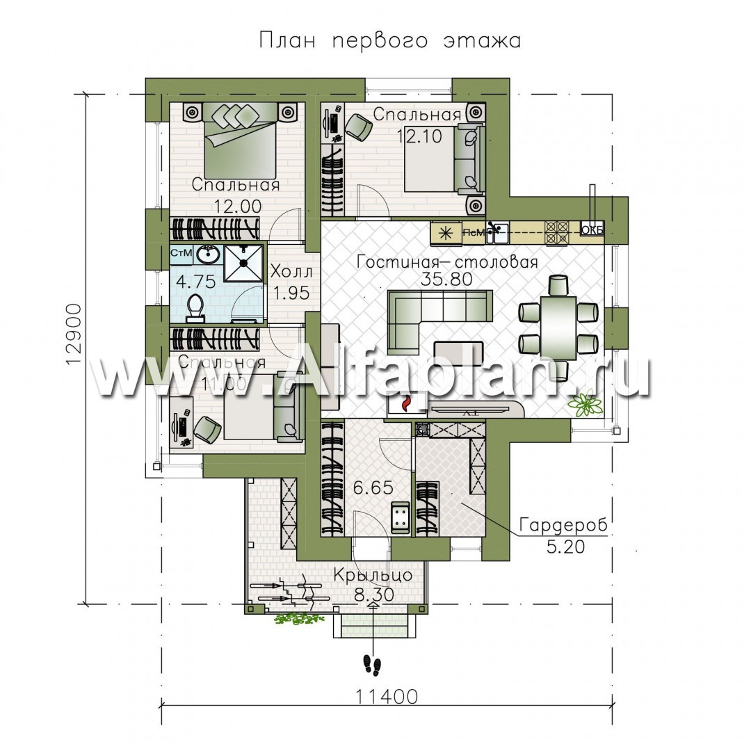 Проекты домов Альфаплан - "Медиана" - проект одноэтажного дома из кирпича, с угловыми окнами - план проекта №1
