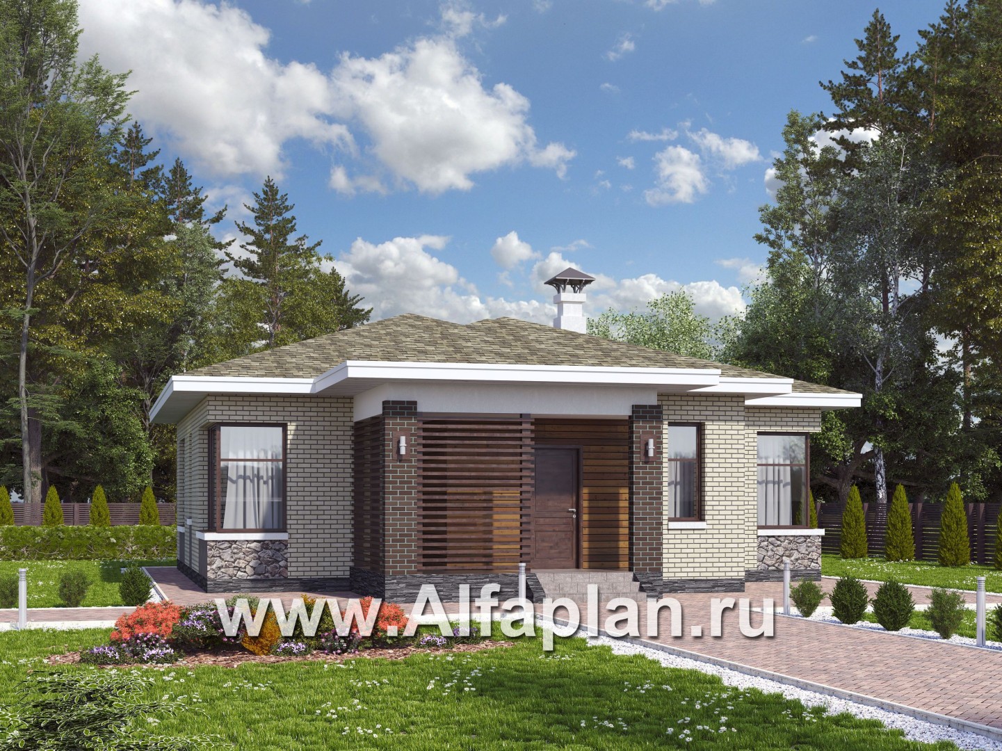 Проекты домов Альфаплан - "Медиана" - проект одноэтажного дома из кирпича, с угловыми окнами - основное изображение