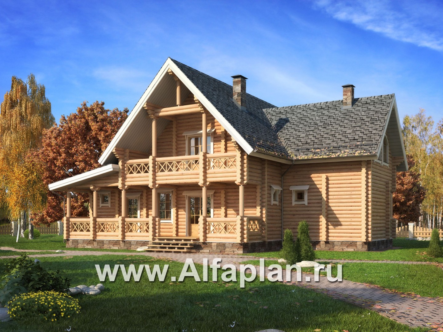 Проекты домов Альфаплан - Деревянный дом с террасой и навесом для машины - дополнительное изображение №1