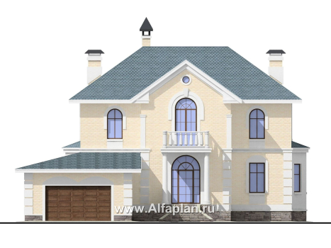 Проекты домов Альфаплан - «Петровское барокко»- двухэтажный коттедж с гаражом на два автомобиля - превью фасада №1