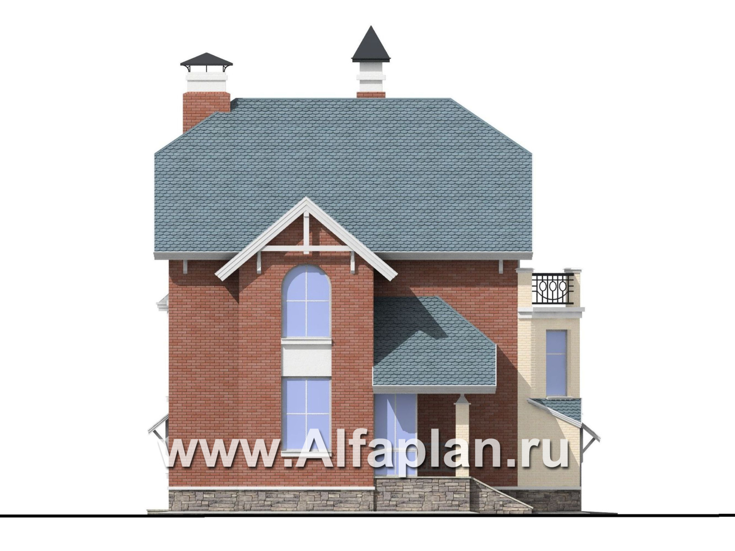 Проекты домов Альфаплан - «Корвет» - проект трехэтажного дома, с гаражом на 2 авто в цоколе, с эркером - изображение фасада №3