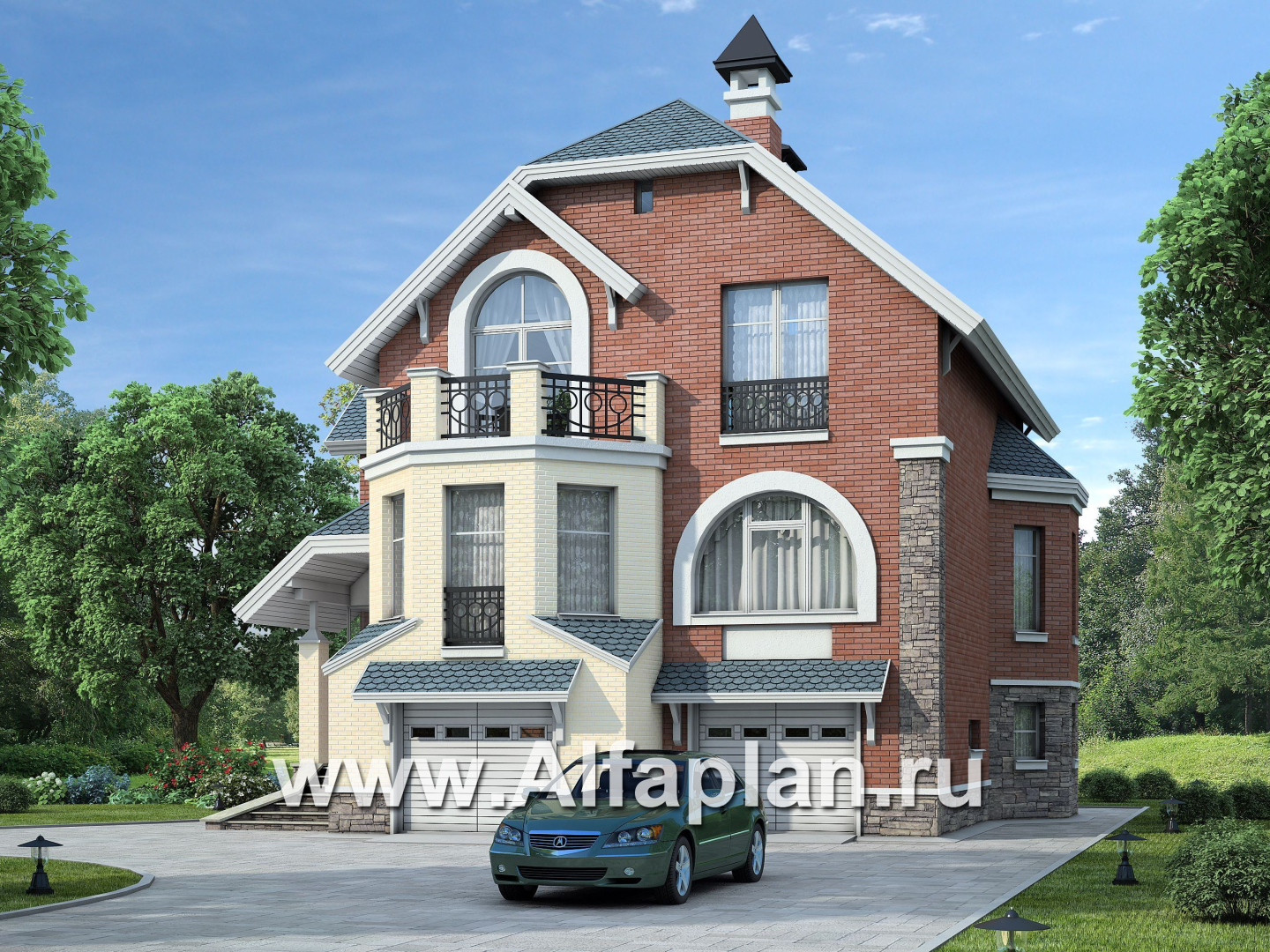 Проекты домов Альфаплан - «Корвет» - проект трехэтажного дома, с гаражом на 2 авто в цоколе, с эркером - дополнительное изображение №1