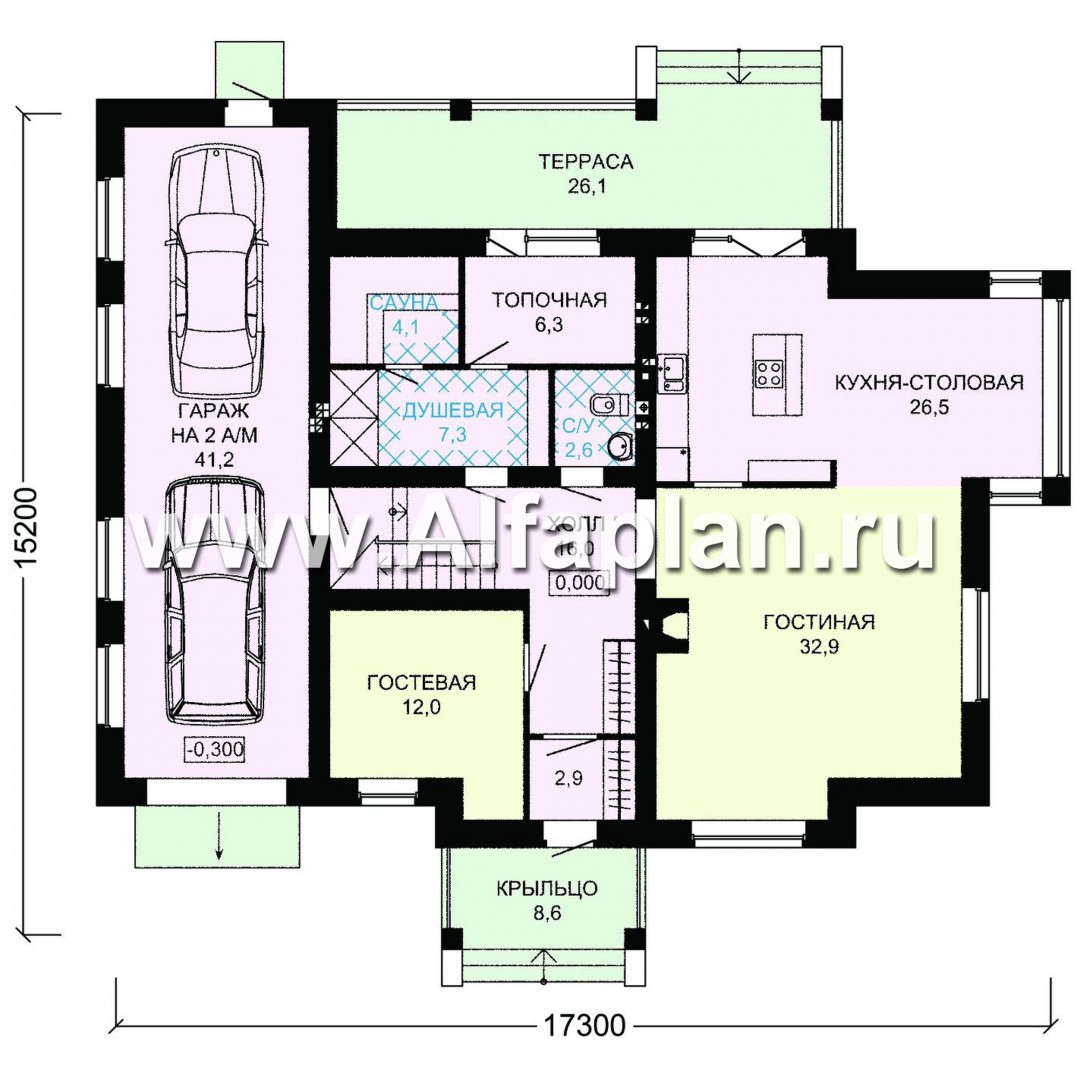 Проекты домов Альфаплан - Современный дом с гаражом на две машины - план проекта №1