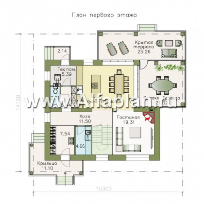 Проекты домов Альфаплан - «Земляничная поляна» - двухэтажный коттедж с большой верандой - превью плана проекта №1