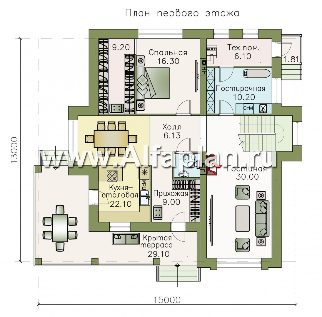 Проекты домов Альфаплан - «Республика» - современный двухэтажный комфортабельный дом - план проекта №1