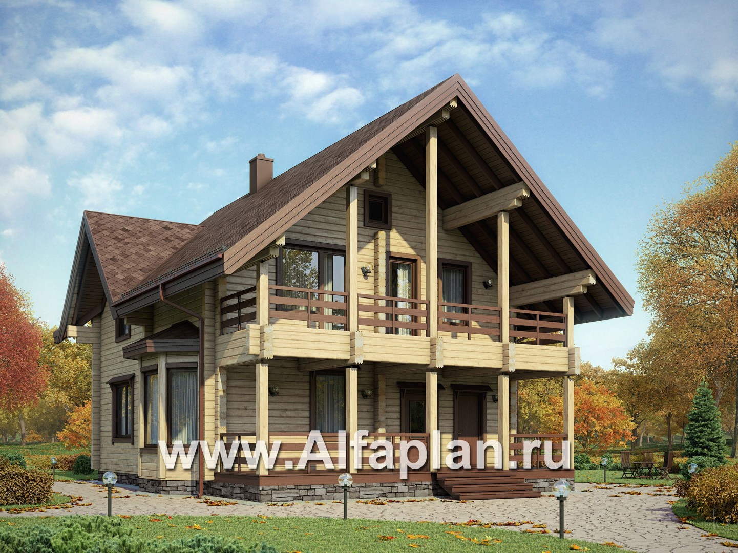 Проекты домов Альфаплан - Удобный деревянный дом с террасами - основное изображение