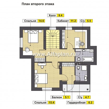Проект дома с мансардой из кирпича, мастер спальня, с террасой и с балконом - превью план дома