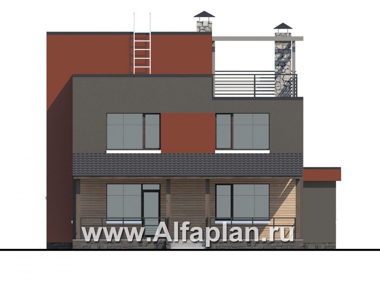 Проекты домов Альфаплан - «Пристань» - проект дома с плоской эксплуатируемой кровлей - изображение фасада №4