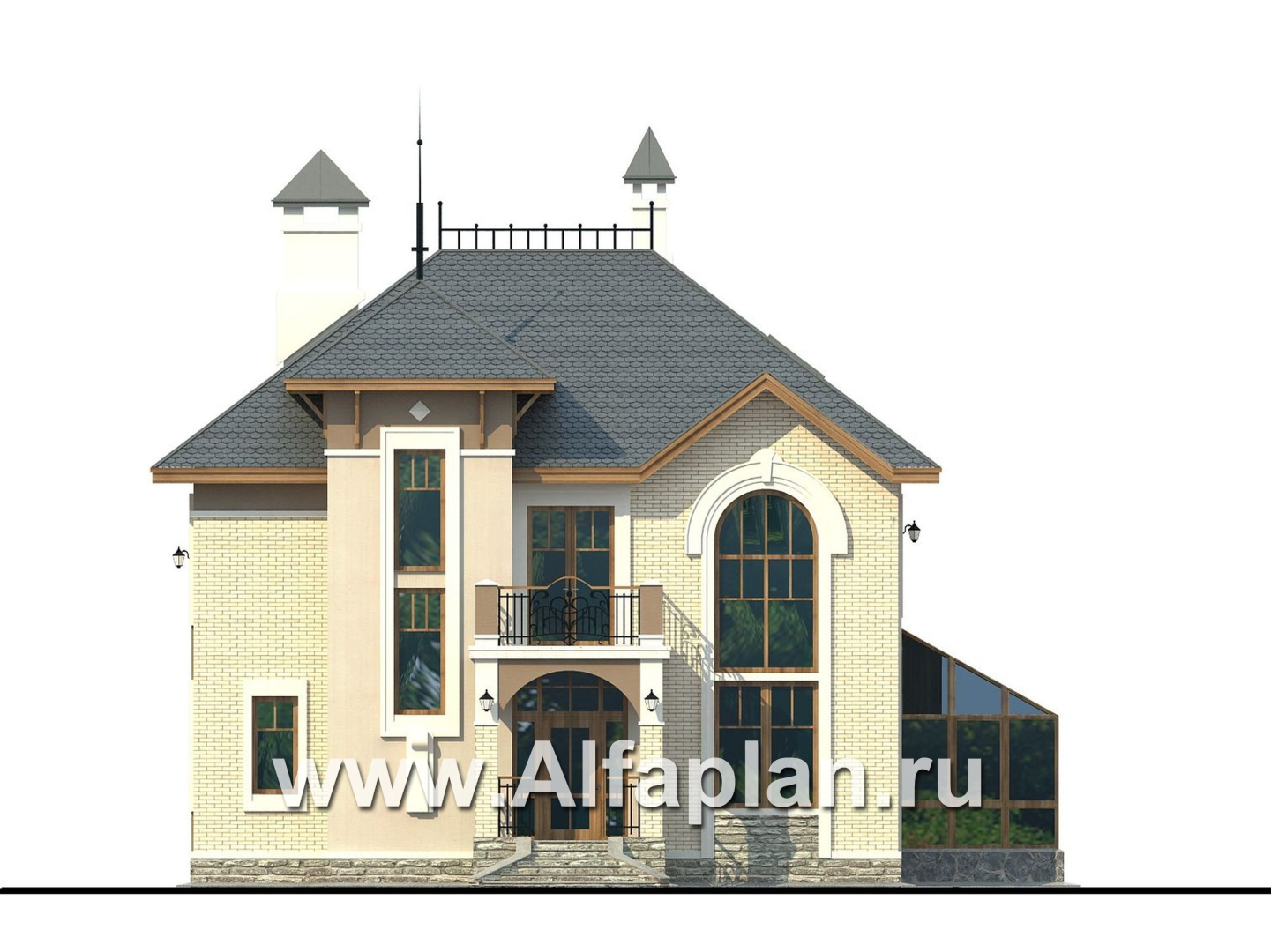 Проекты домов Альфаплан - «Разумовский» - проект двухэтажного дома, с террасой, со вторым светом - изображение фасада №1