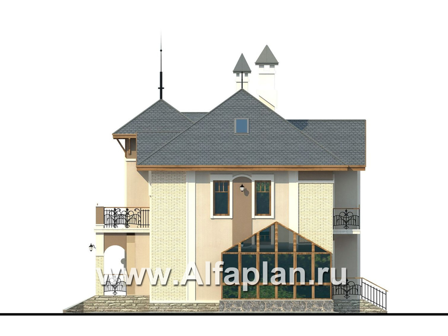 Проекты домов Альфаплан - «Разумовский» - проект двухэтажного дома, с террасой, со вторым светом - изображение фасада №2