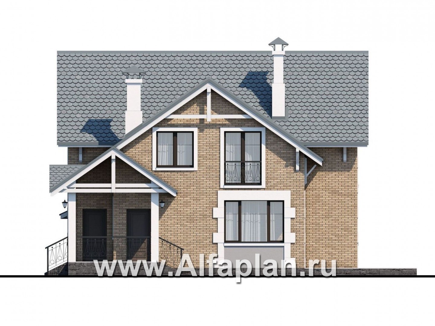 Проекты домов Альфаплан - Коттедж из кирпича «Кадет» - навесом - изображение фасада №2
