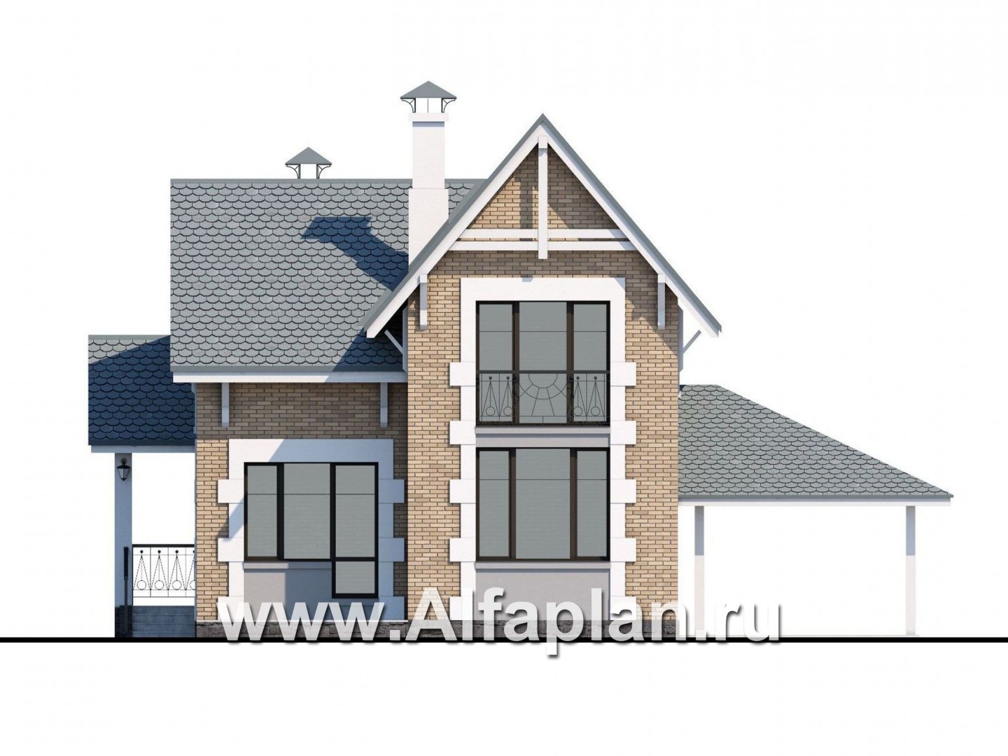 Проекты домов Альфаплан - Коттедж из кирпича «Кадет» - навесом - изображение фасада №4