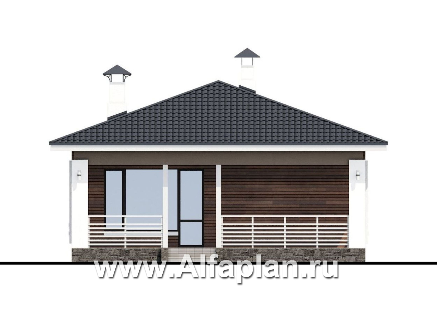 Проекты домов Альфаплан - «Каллиопа» - проект одноэтажного дома из кирпича для узкого участка с двумя спальнями - изображение фасада №4