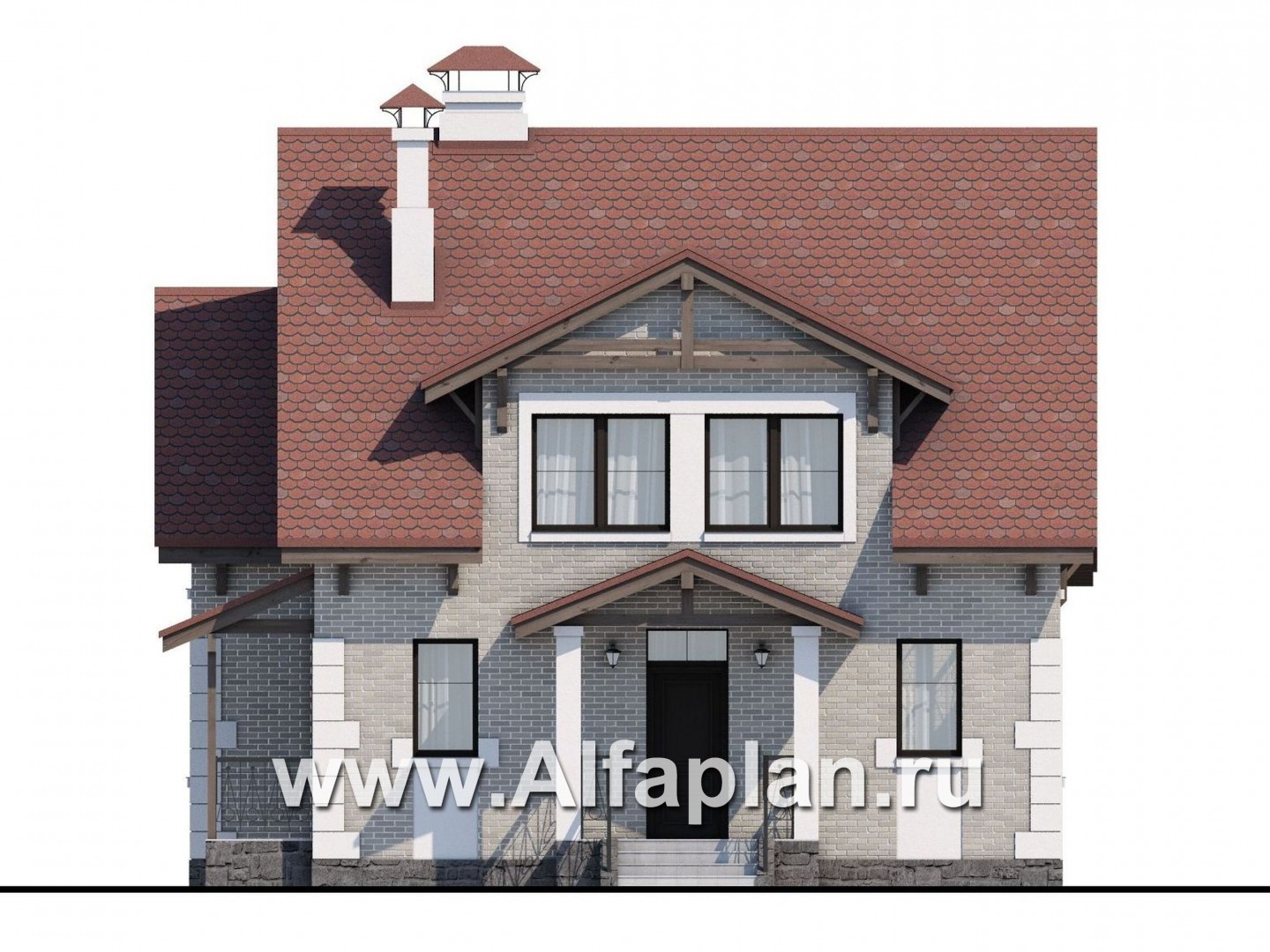 Проекты домов Альфаплан - Проект кирпичного дома «Боспор» с мансардой и гаражом - изображение фасада №1