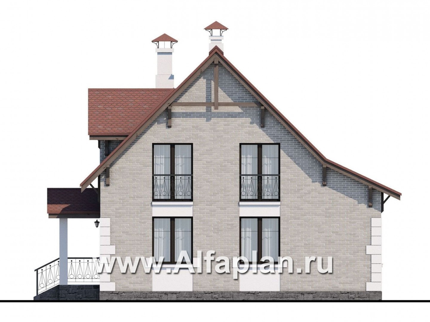 Проекты домов Альфаплан - Проект кирпичного дома «Боспор» с мансардой и гаражом - изображение фасада №2