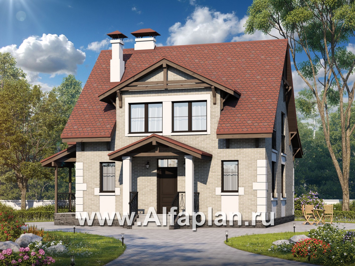 Проекты домов Альфаплан - Проект кирпичного дома «Боспор» с мансардой и гаражом - основное изображение