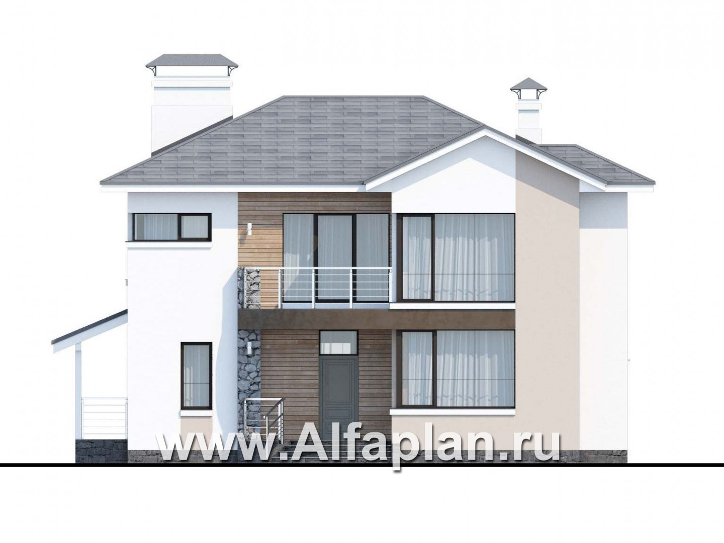 Проекты домов Альфаплан - «Платина» - проект двухэтажного современного дома, с террасой, с гаражом, в современном стиле - изображение фасада №1