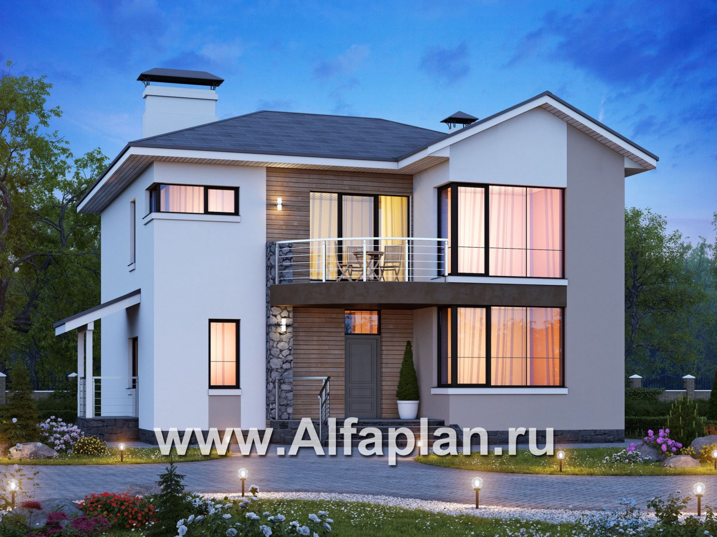 Проекты домов Альфаплан - «Платина» - проект двухэтажного современного дома, с террасой, с гаражом, в современном стиле - основное изображение