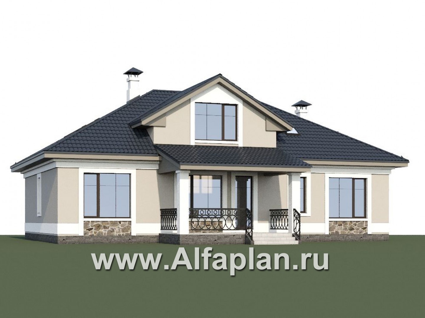 Проекты домов Альфаплан - «Волга» - коттедж с тремя жилыми комнатами на 1 этаже и с жилой мансардой - дополнительное изображение №1