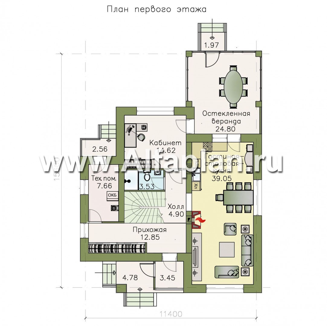 Проекты домов Альфаплан - «Рождествено»- двухэтажный коттедж с большой верандой - изображение плана проекта №1