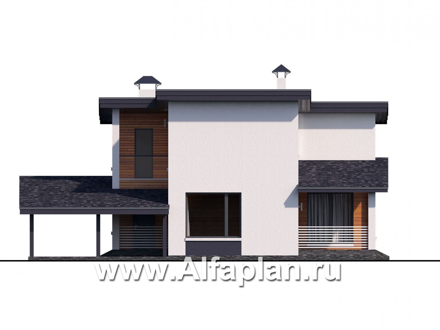 Проекты домов Альфаплан - "Модена" - проект двухэтажного дома из газобетона, с террасой, навес на 2 авто, в стиле минимализм - изображение фасада №2
