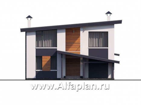 Проекты домов Альфаплан - "Модена" - проект двухэтажного дома из газобетона, с террасой, навес на 2 авто, в стиле минимализм - превью фасада №1