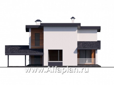 Проекты домов Альфаплан - "Модена" - проект двухэтажного дома из газобетона, с террасой, навес на 2 авто, в стиле минимализм - превью фасада №2